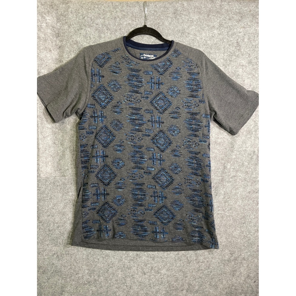 Desigual Man Gray Blue Geometric Tribal Print Short Sleeve T-Shirt Mens Size M